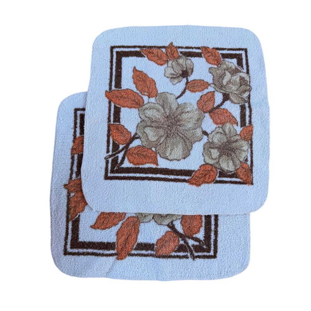 Vintage Cannon Floral Washcloth Set 2pc White Orange Brown 1970s Retro USA Made